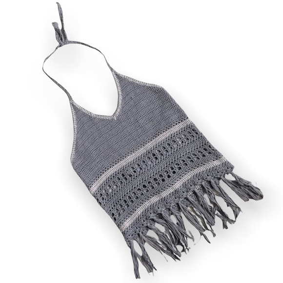 Papercrane women’s crochet knit halter top cropped boho size L fringe festival - Picture 1 of 10